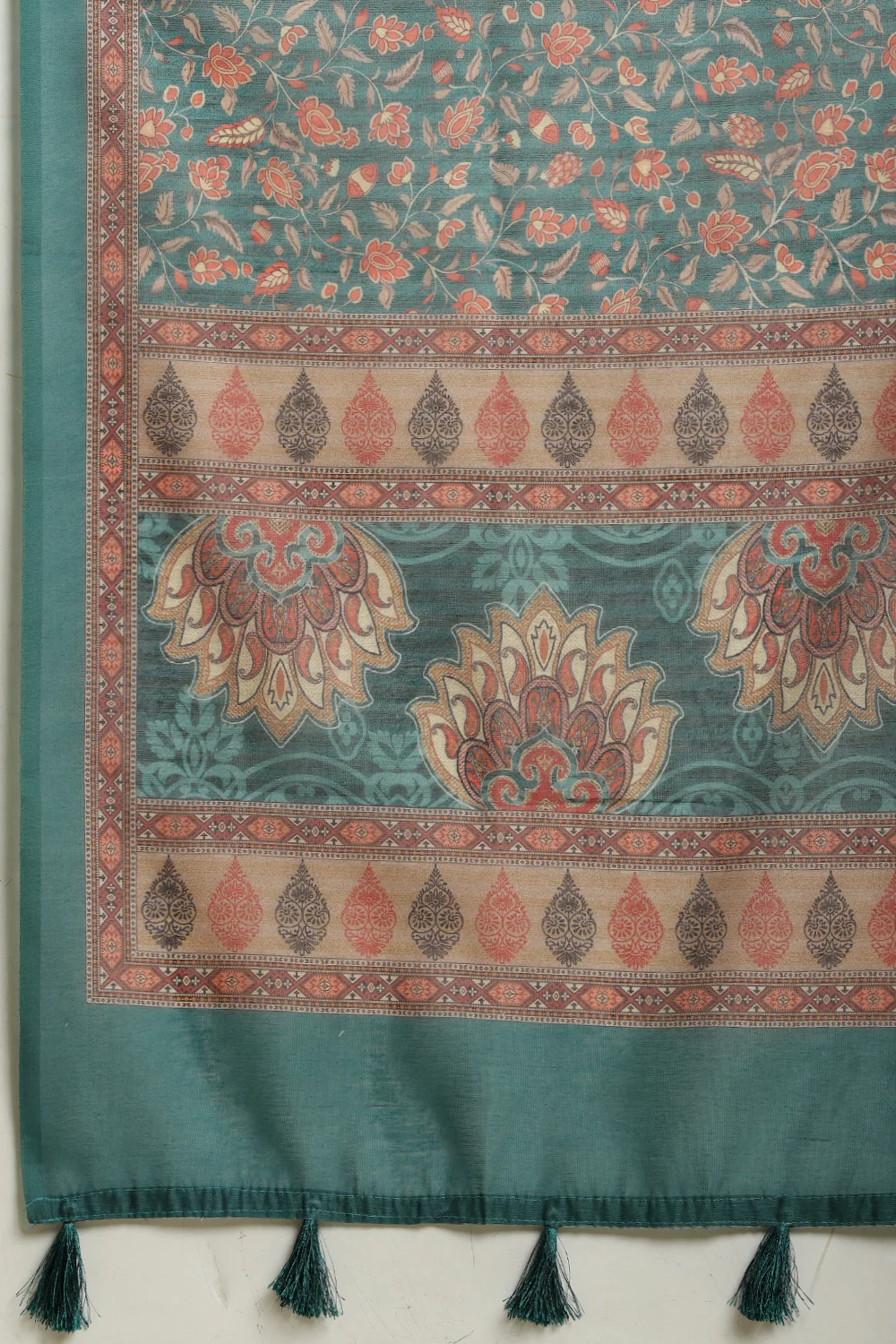 Teal Green Floral Printed Cotton Silk Saree - Image 7
