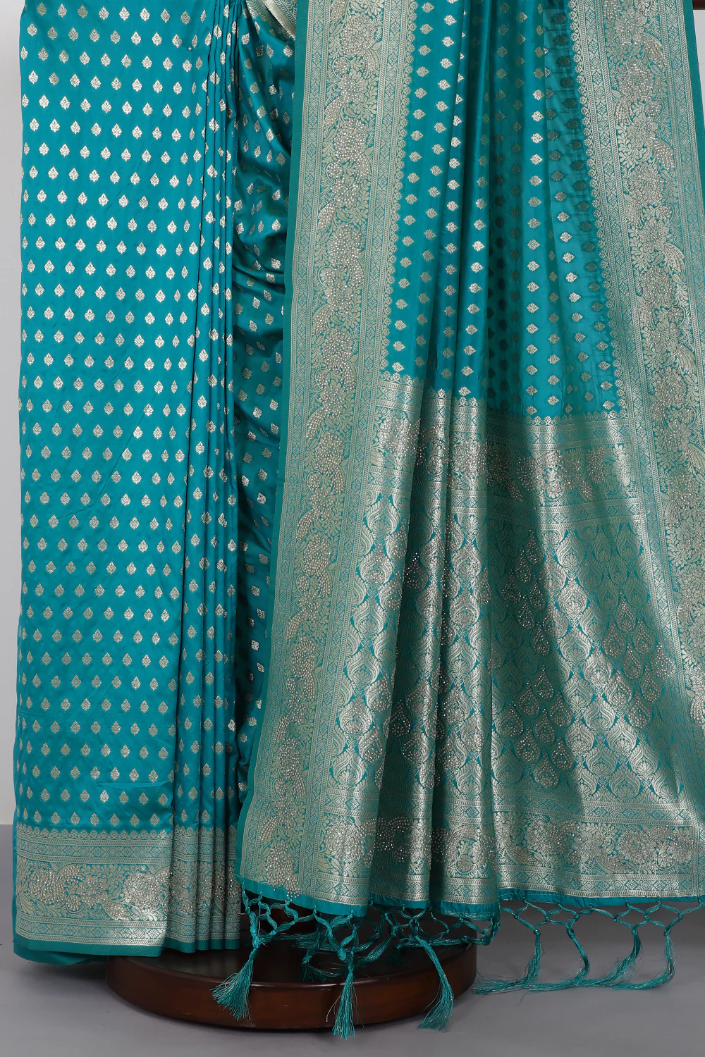 Teal Green Silk Zari Woven And Swaroski Work Saree - Image 2