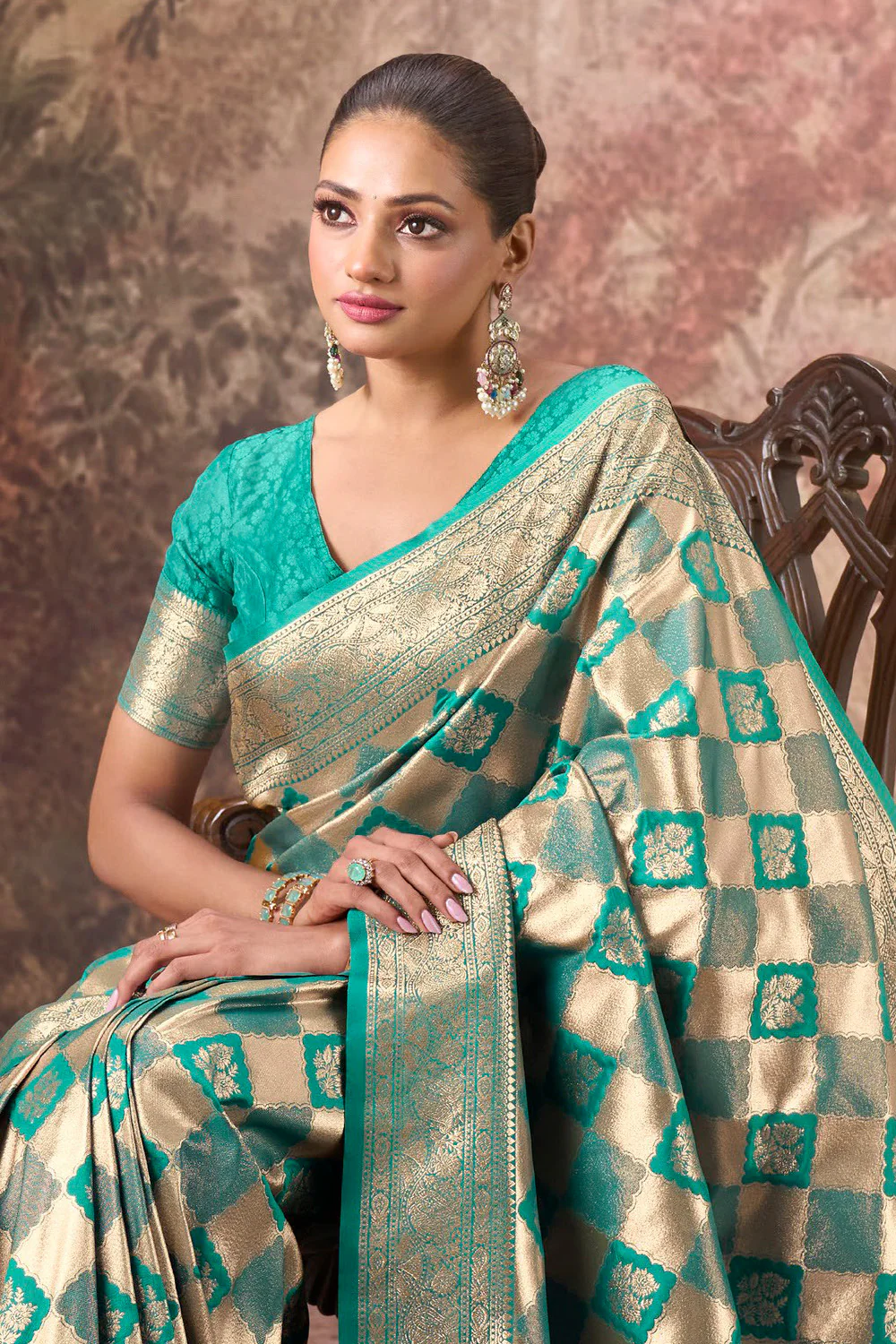 Teal & Green Silk Zari Woven Saree - Image 2