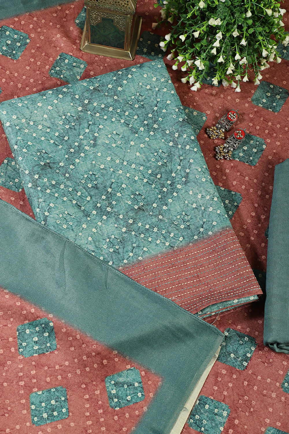 Teal Green Spun Bandhani Printed Unstitched Suit Fabric - Image 2