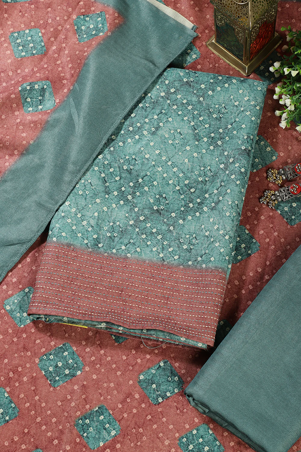 Teal Green Spun Bandhani Printed Unstitched Suit Fabric - Image 3