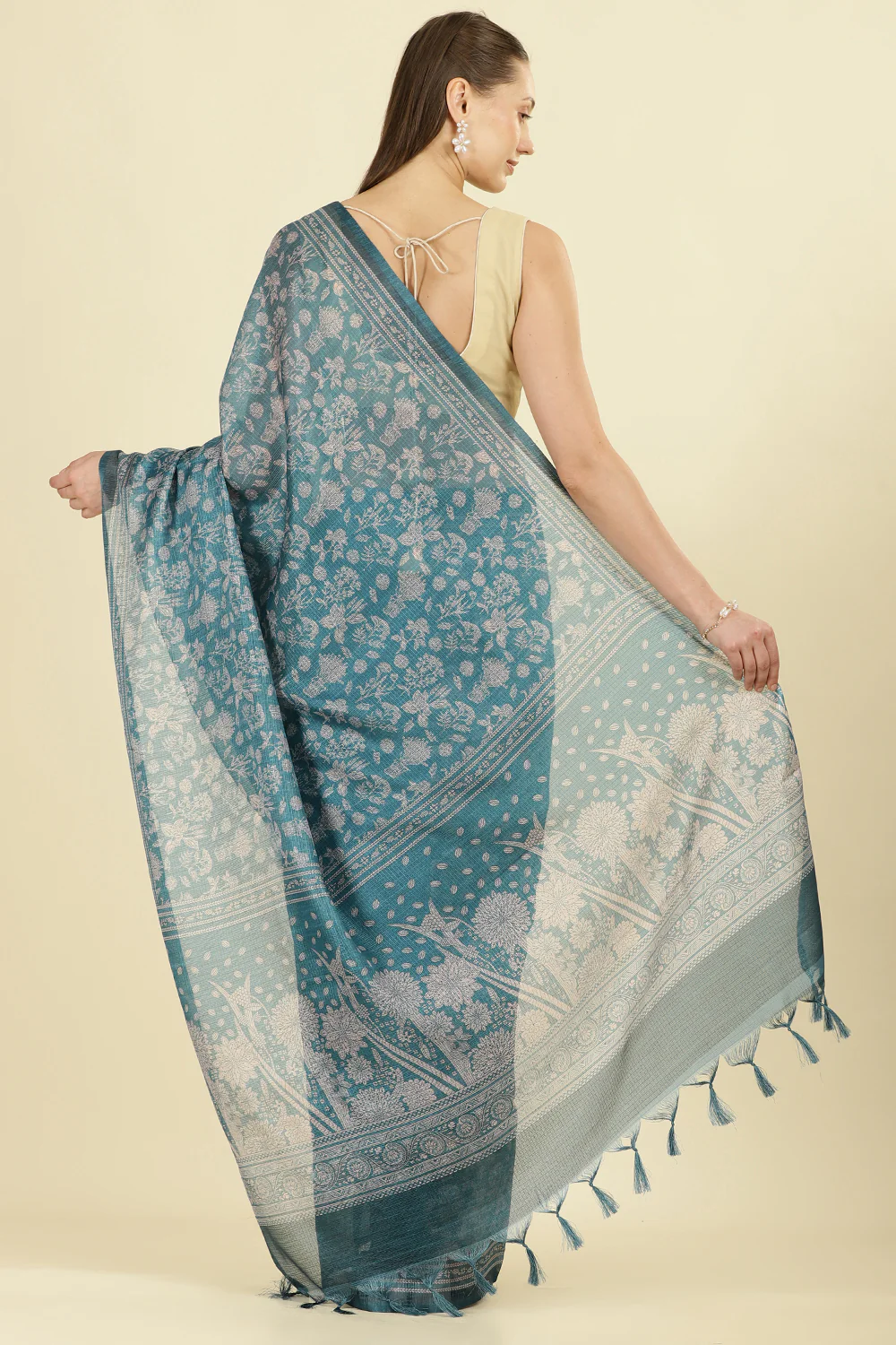 Teal Kota Cotton Floral Jaal Printed Saree - Image 3