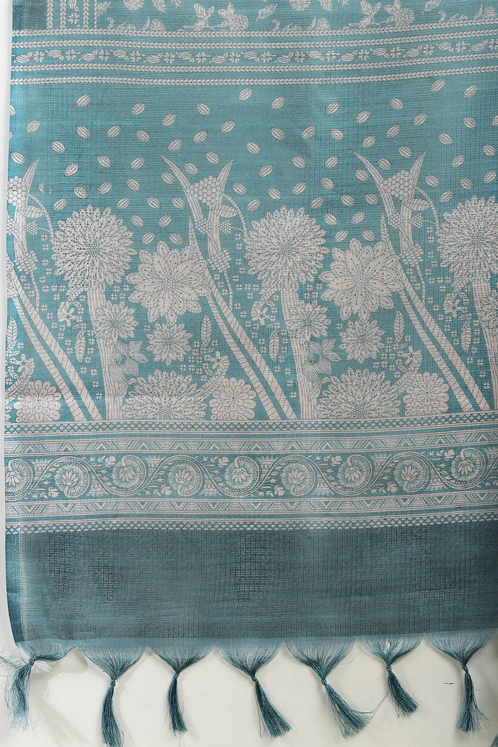 Teal Kota Cotton Floral Jaal Printed Saree - Image 7