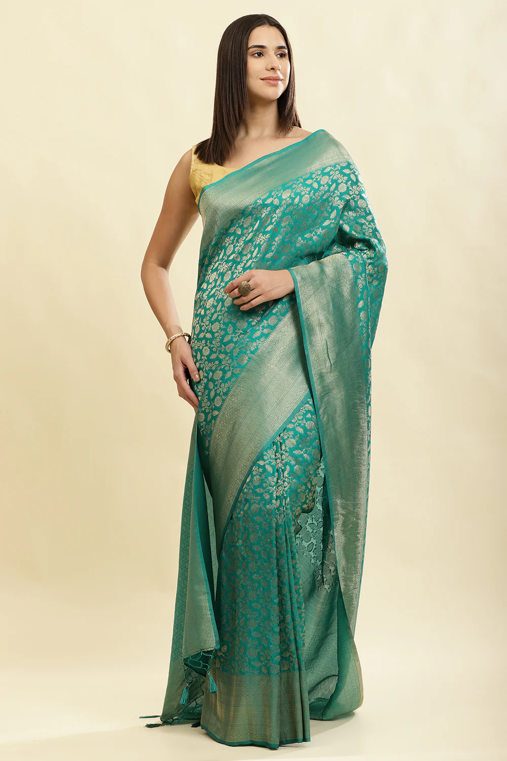 Teal Lightweight Banarasi Silk Weaving Saree - Image 6