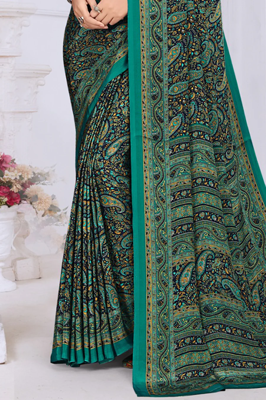 Teal & Navy Crepe Printed Saree - Image 2
