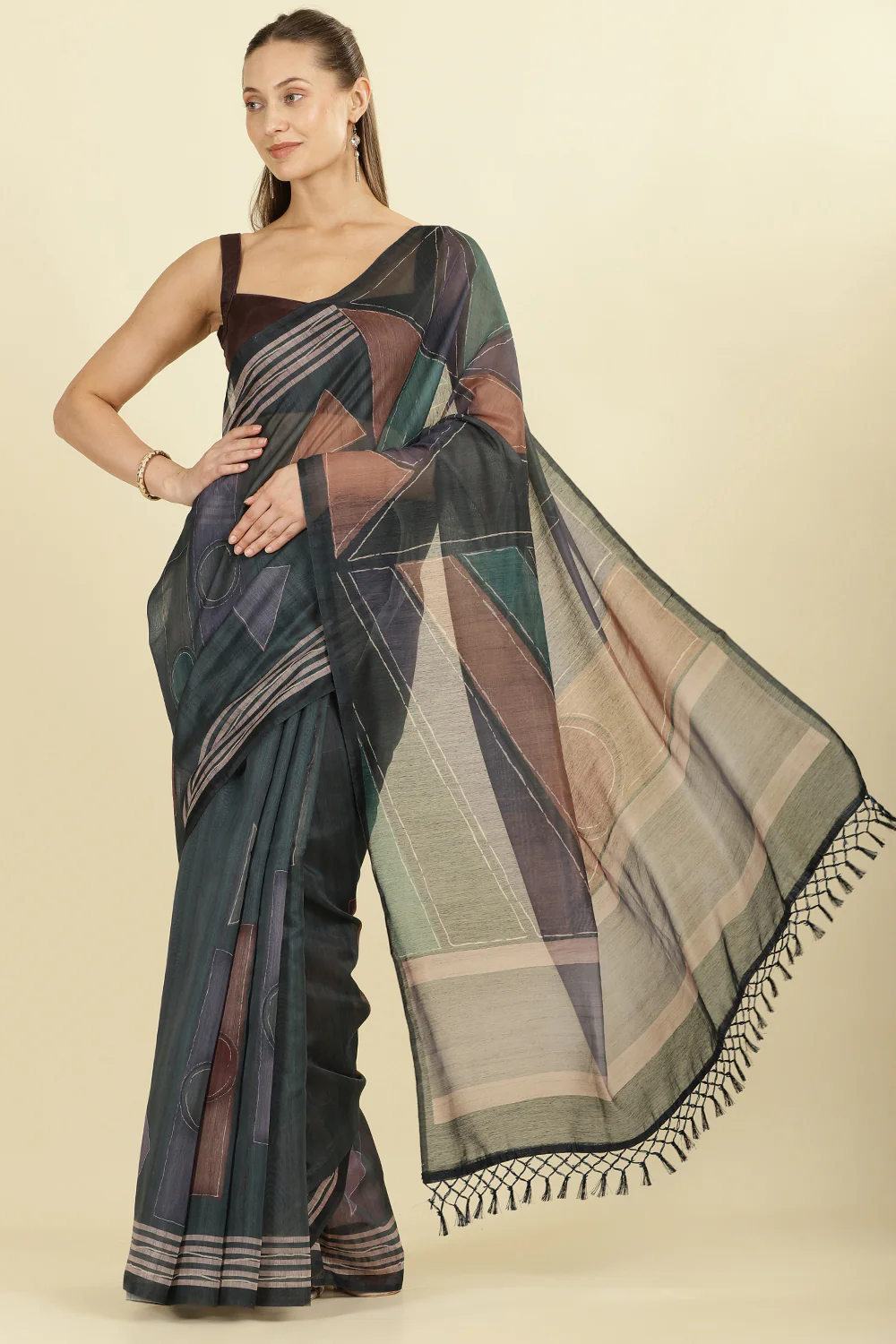 Teal Organza Cotton Printed Saree - Image 4