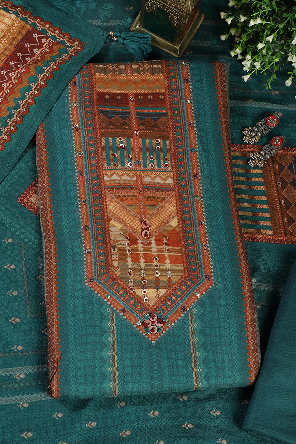 Teal Printed Spun Unstitched Suit Material - Image 3