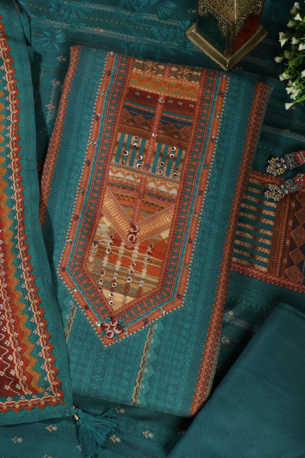 Teal Printed Spun Unstitched Suit Material - Image 4