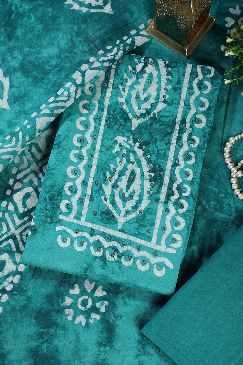 Teal Shibori Printed Unstitched Suit Fabric - Image 2