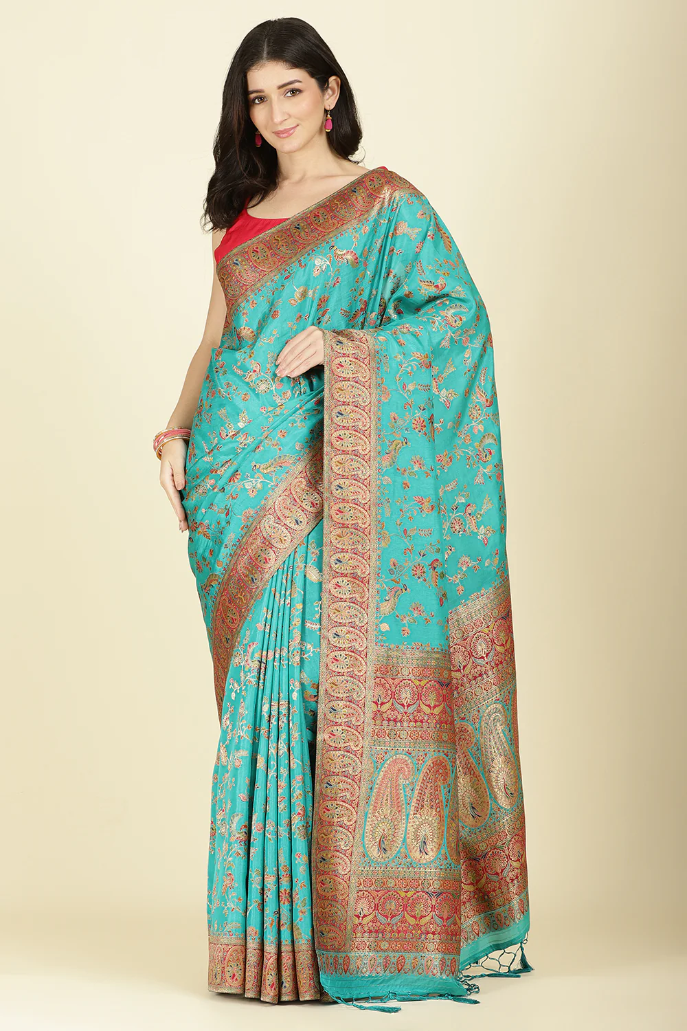 Teal Silk Madhubani Woven Saree - Image 3