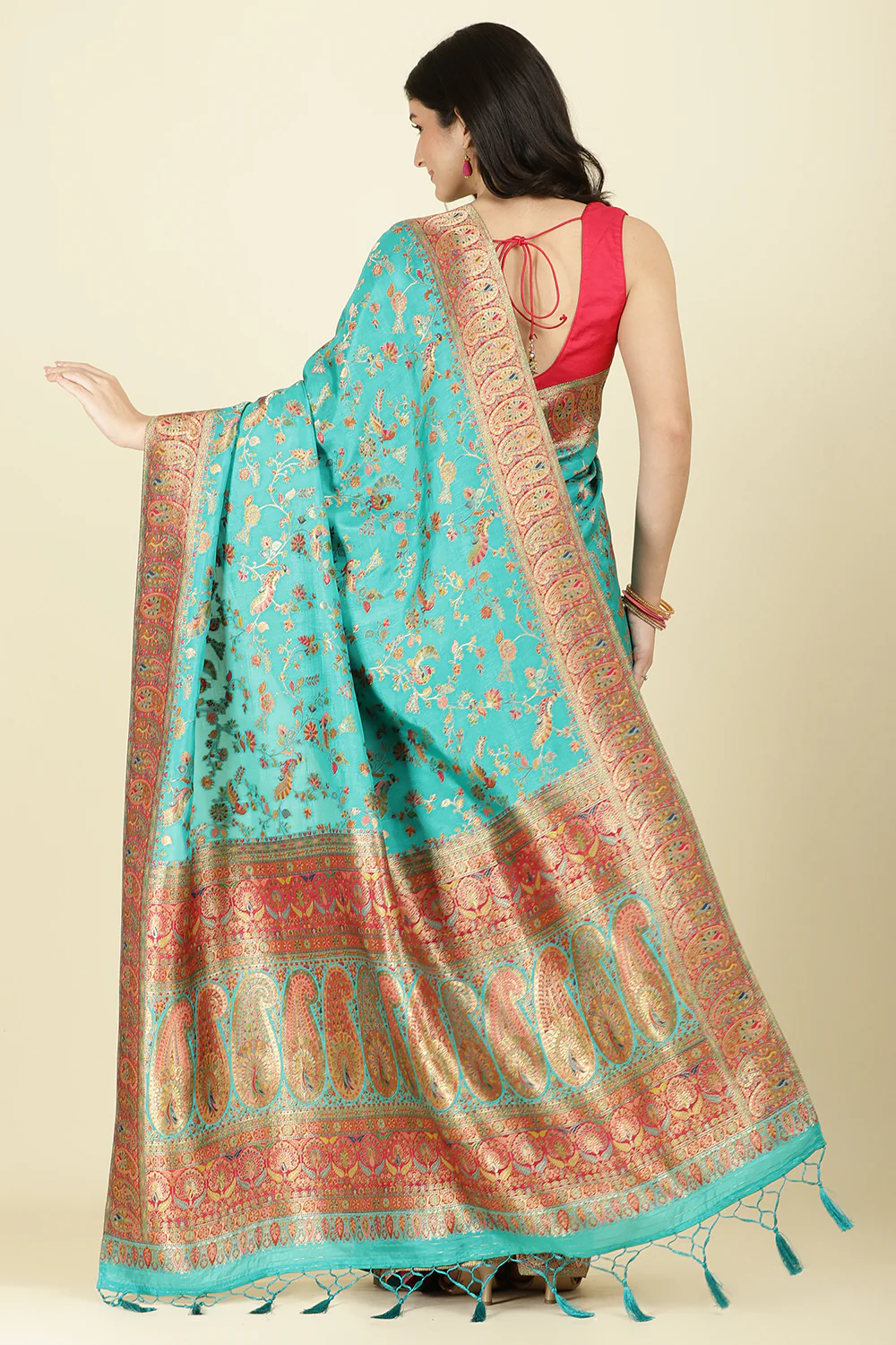 Teal Silk Madhubani Woven Saree - Image 4