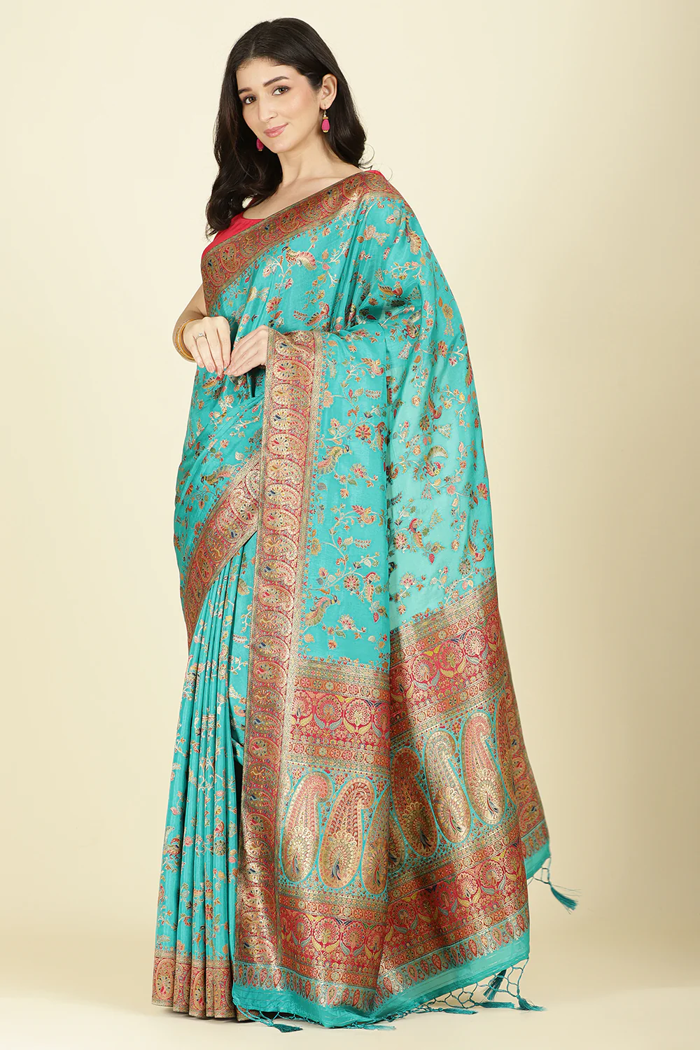Teal Silk Madhubani Woven Saree - Image 5