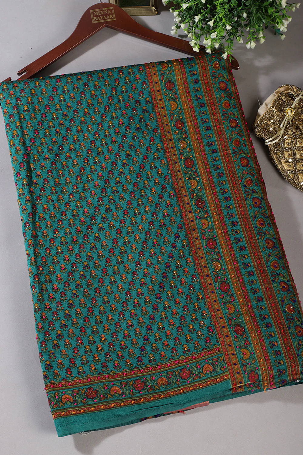 Teal Silk Printed And Hand-Knot Work Saree