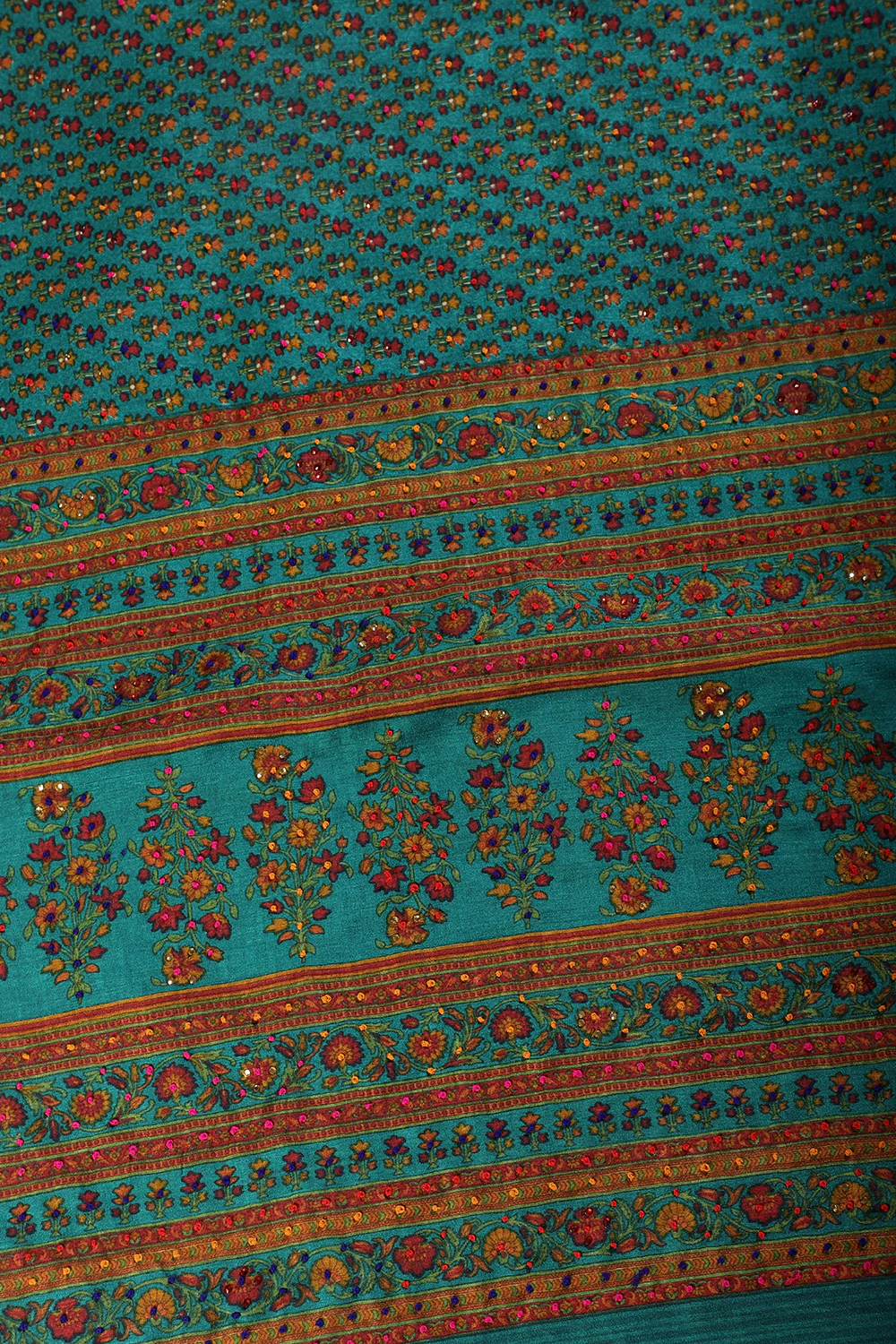 Teal Silk Printed And Hand-Knot Work Saree - Image 2