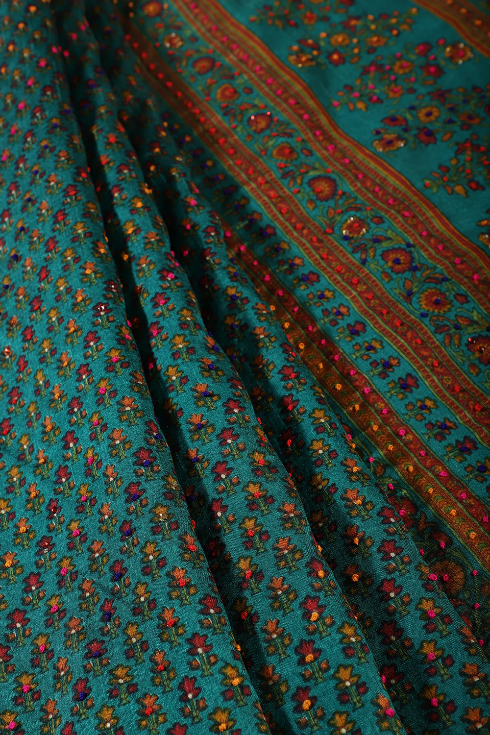 Teal Silk Printed And Hand-Knot Work Saree - Image 3