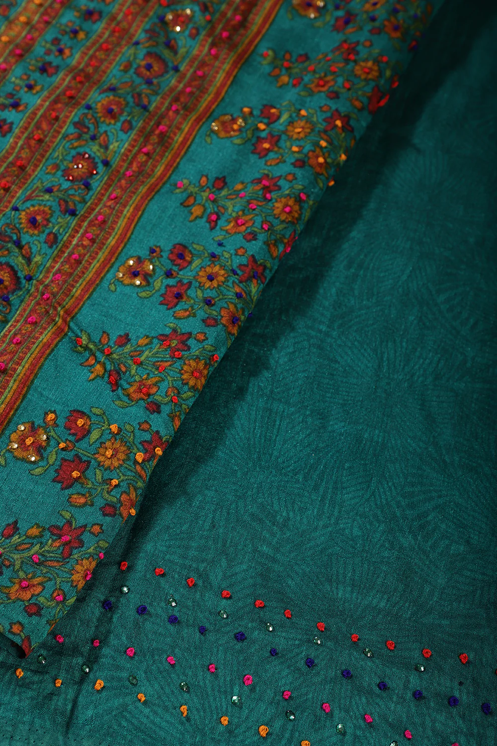 Teal Silk Printed And Hand-Knot Work Saree - Image 4