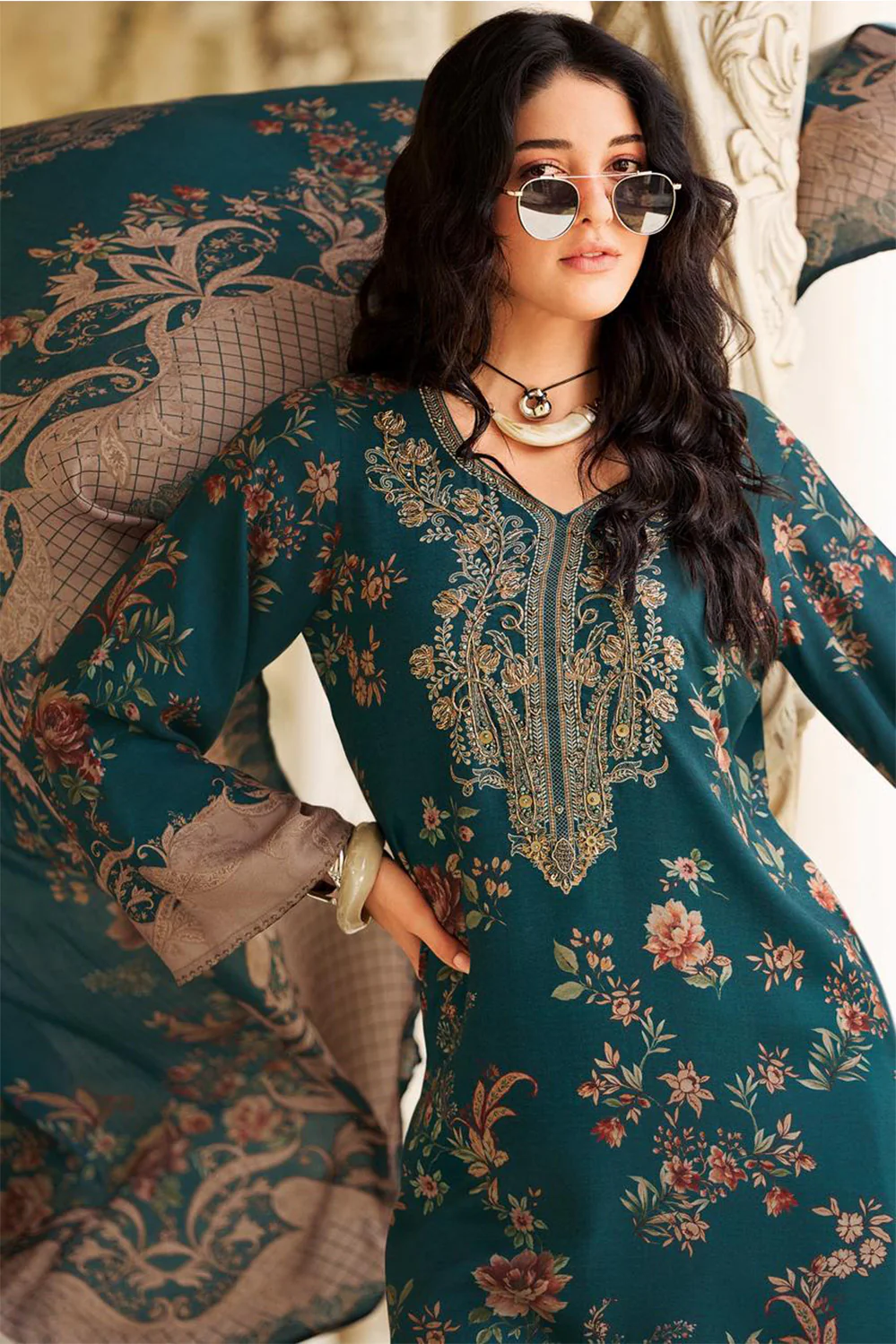 Teal Spun Floral Printed Unstitched Suit Fabric - Image 3