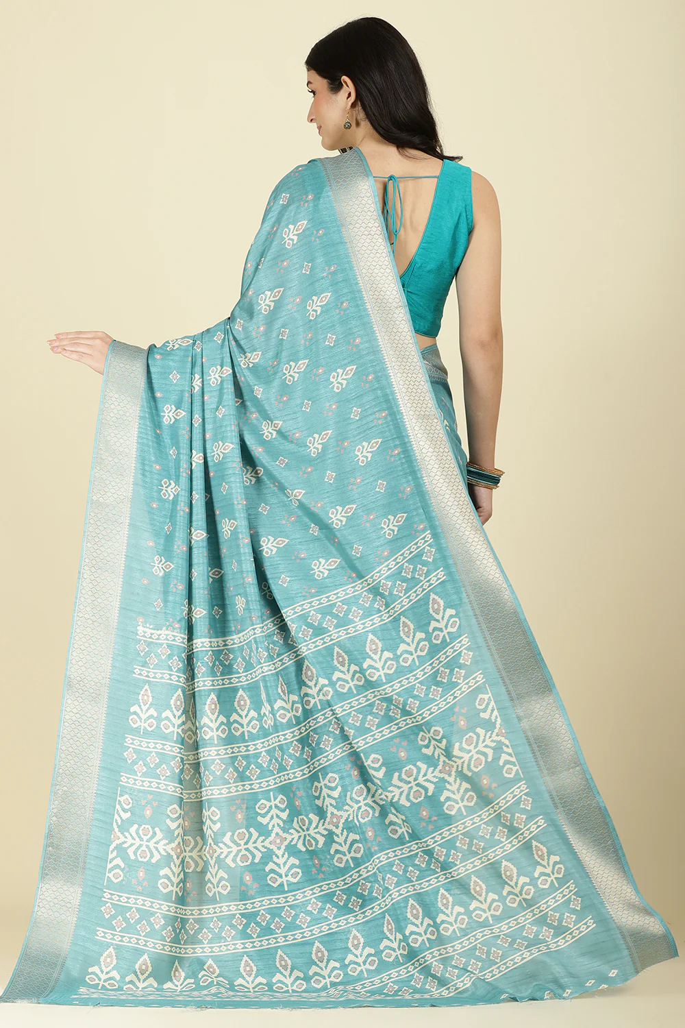 Turqouise Cotton Silk Printed And Zari Woven Saree - Image 3