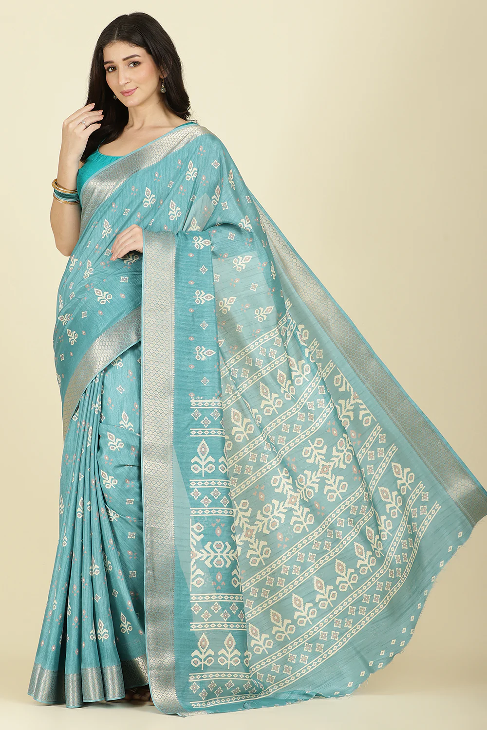 Turqouise Cotton Silk Printed And Zari Woven Saree - Image 4