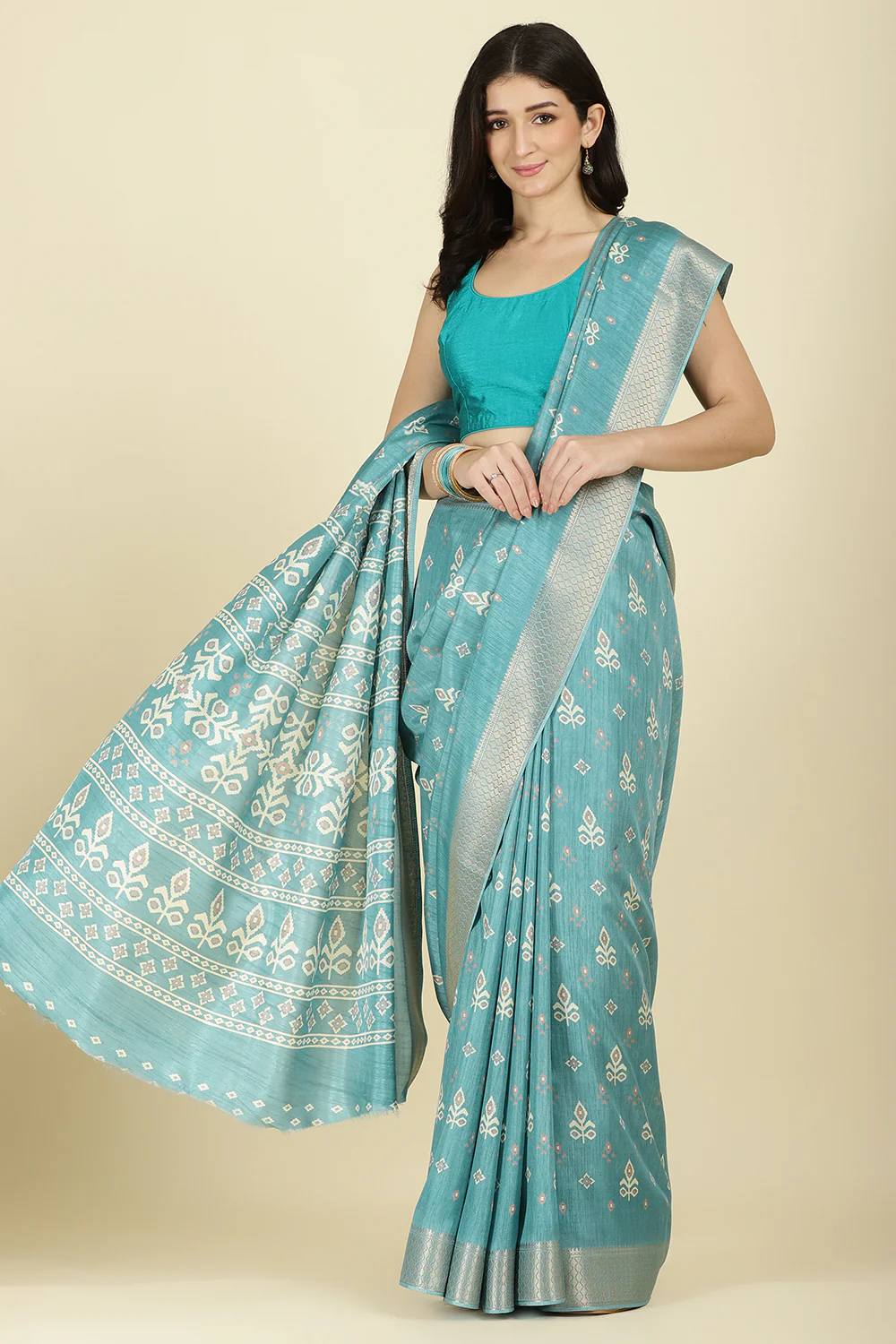Turqouise Cotton Silk Printed And Zari Woven Saree - Image 5