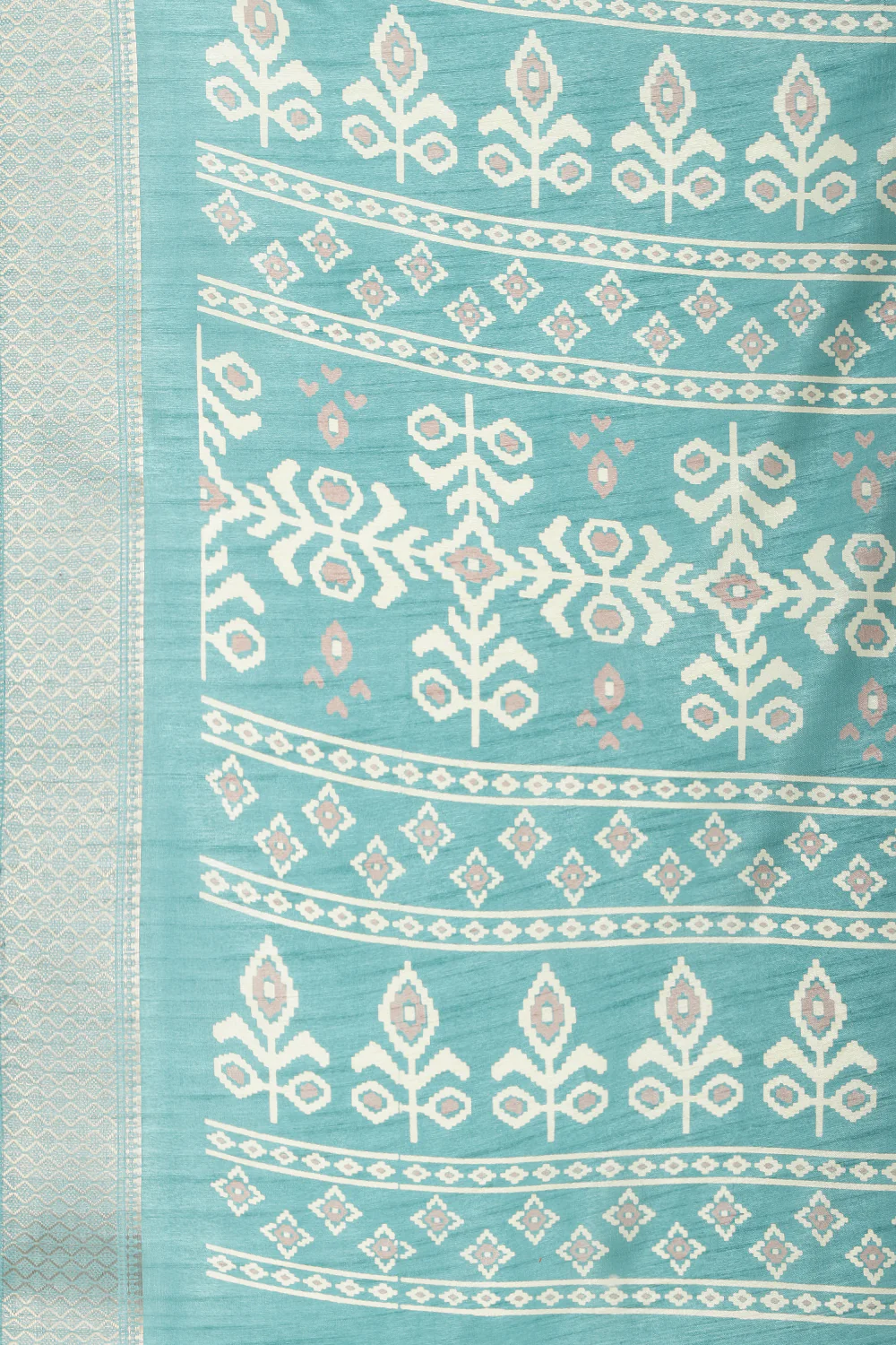 Turqouise Cotton Silk Printed And Zari Woven Saree - Image 6