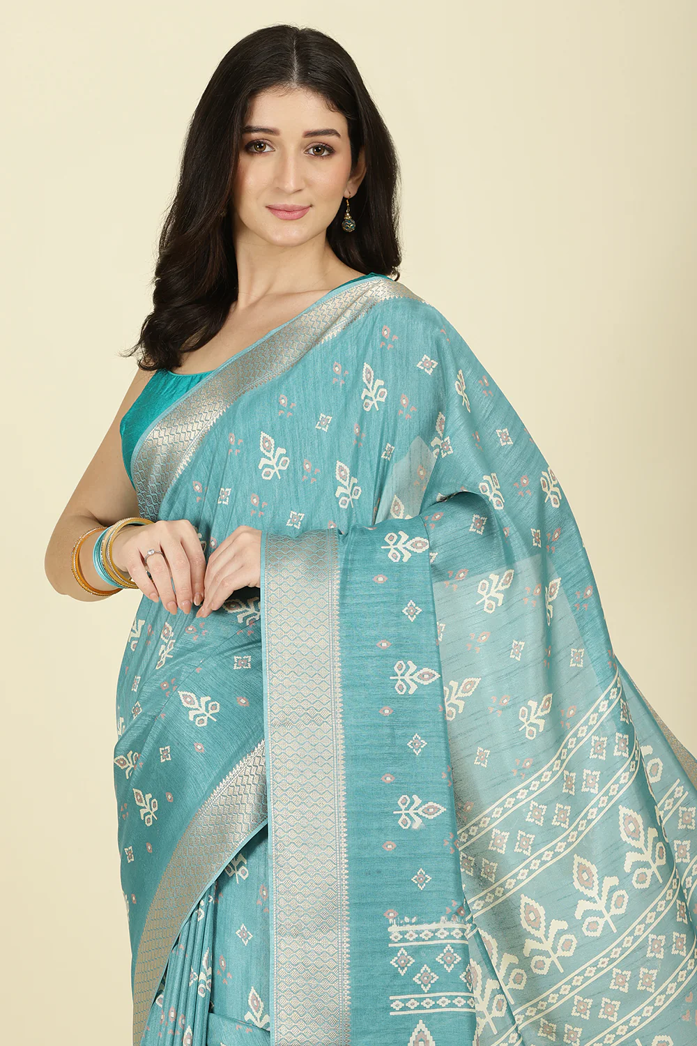 Turqouise Cotton Silk Printed And Zari Woven Saree - Image 7