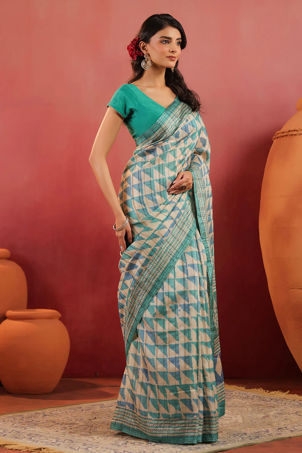 Turquoise And Beige Tussar Silk Printed Saree - Image 2