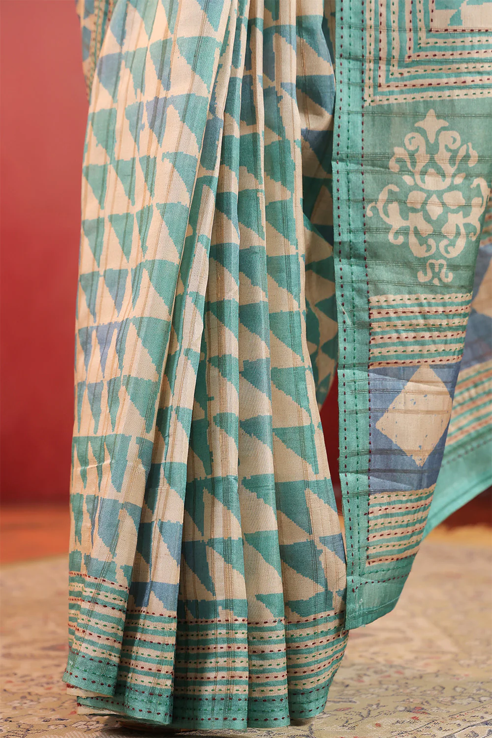 Turquoise And Beige Tussar Silk Printed Saree - Image 6