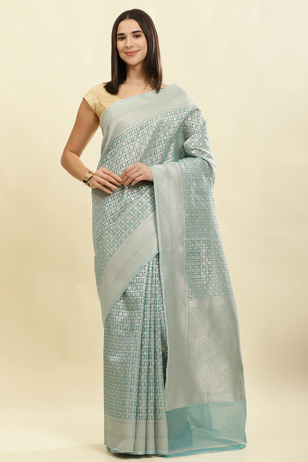 Turquoise Chanderi Silk Zari Weaving Saree - Image 2