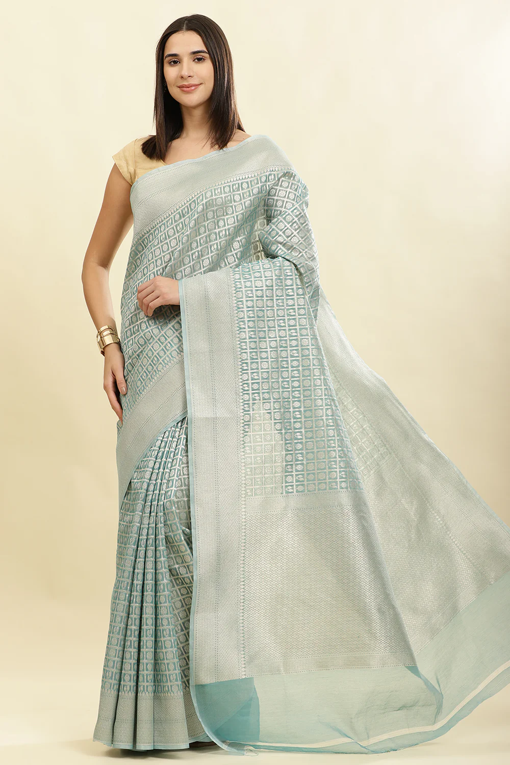 Turquoise Chanderi Silk Zari Weaving Saree - Image 6