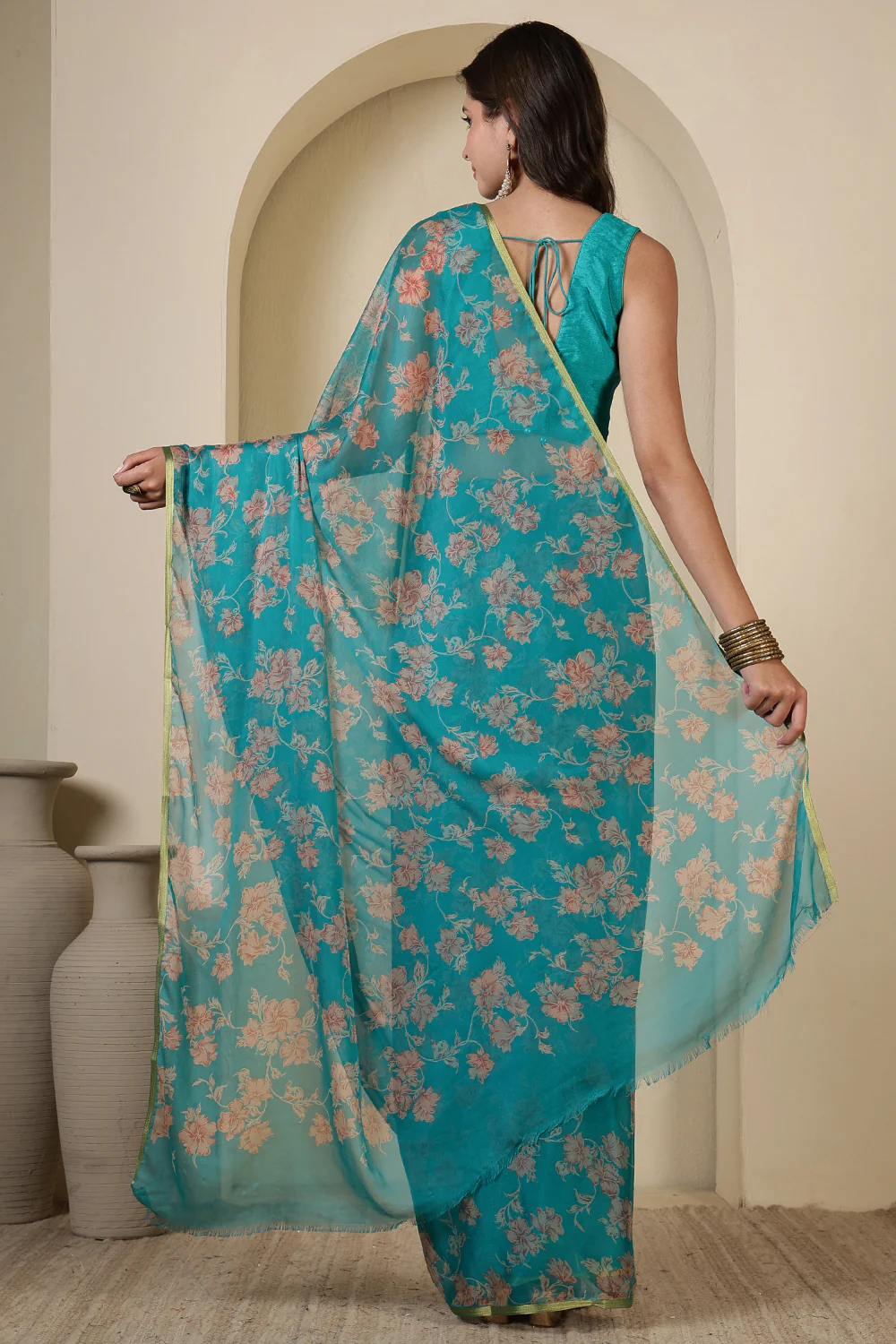 Turquoise  Chiffon Floral Zari Border & Floral Printed Saree - Image 3