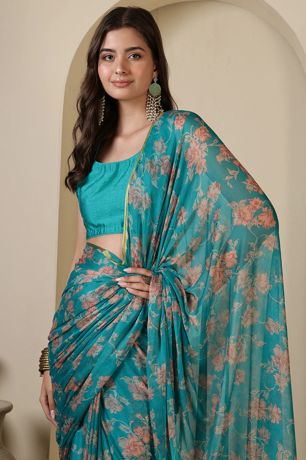 Turquoise  Chiffon Floral Zari Border & Floral Printed Saree - Image 4