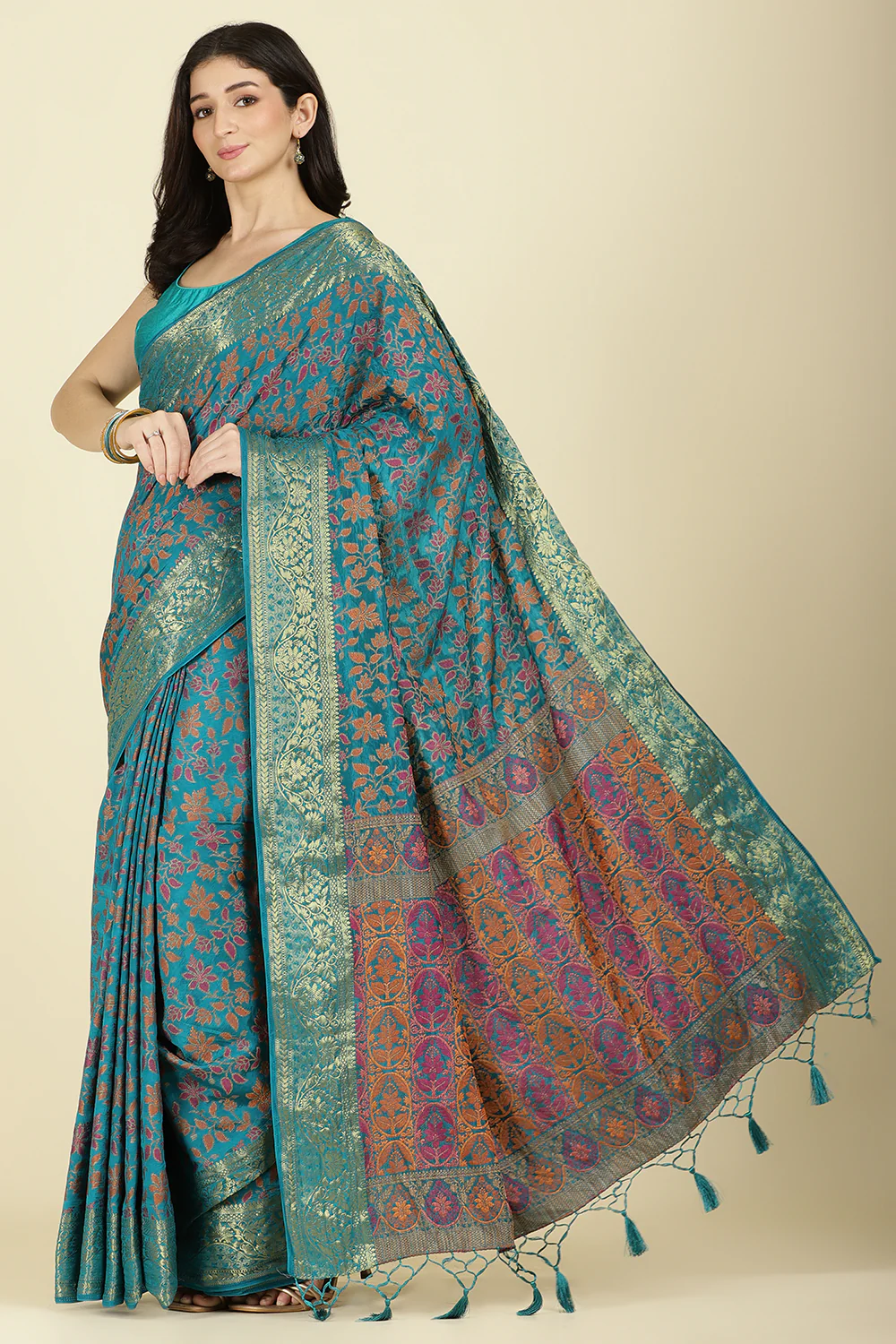 Turquoise Color Tussar Woven Silk Saree - Image 4