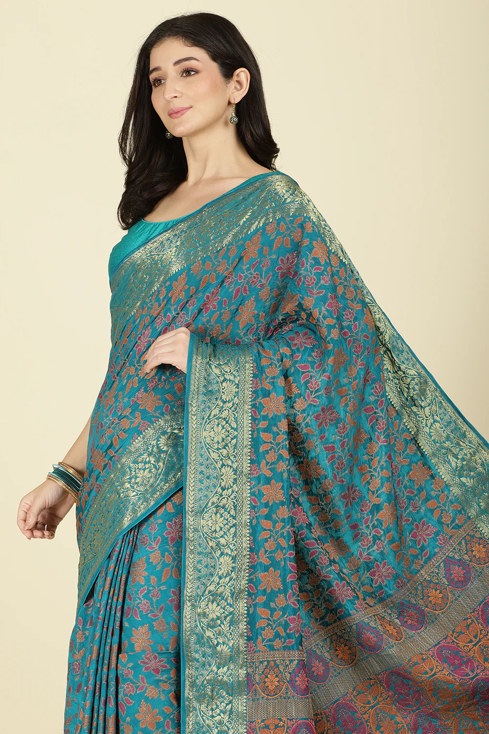 Turquoise Color Tussar Woven Silk Saree - Image 9