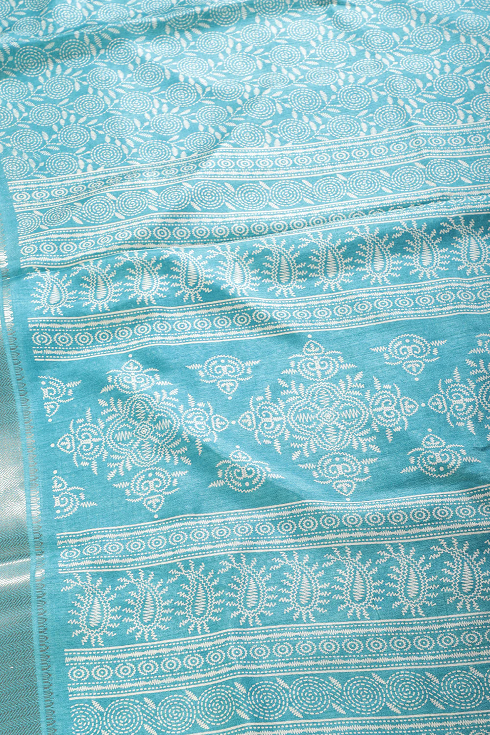 Turquoise Colour Printed & Woven Cotton Silk Saree - Image 3