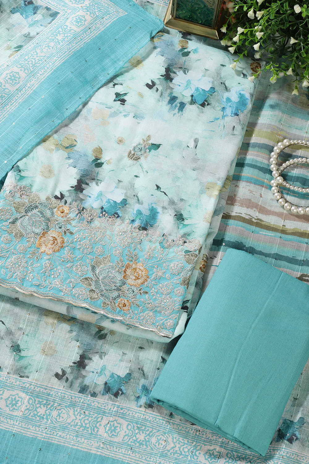Turquoise Cotton Floral Printed And Hemline Embroidered Unstitched Suit - Image 2
