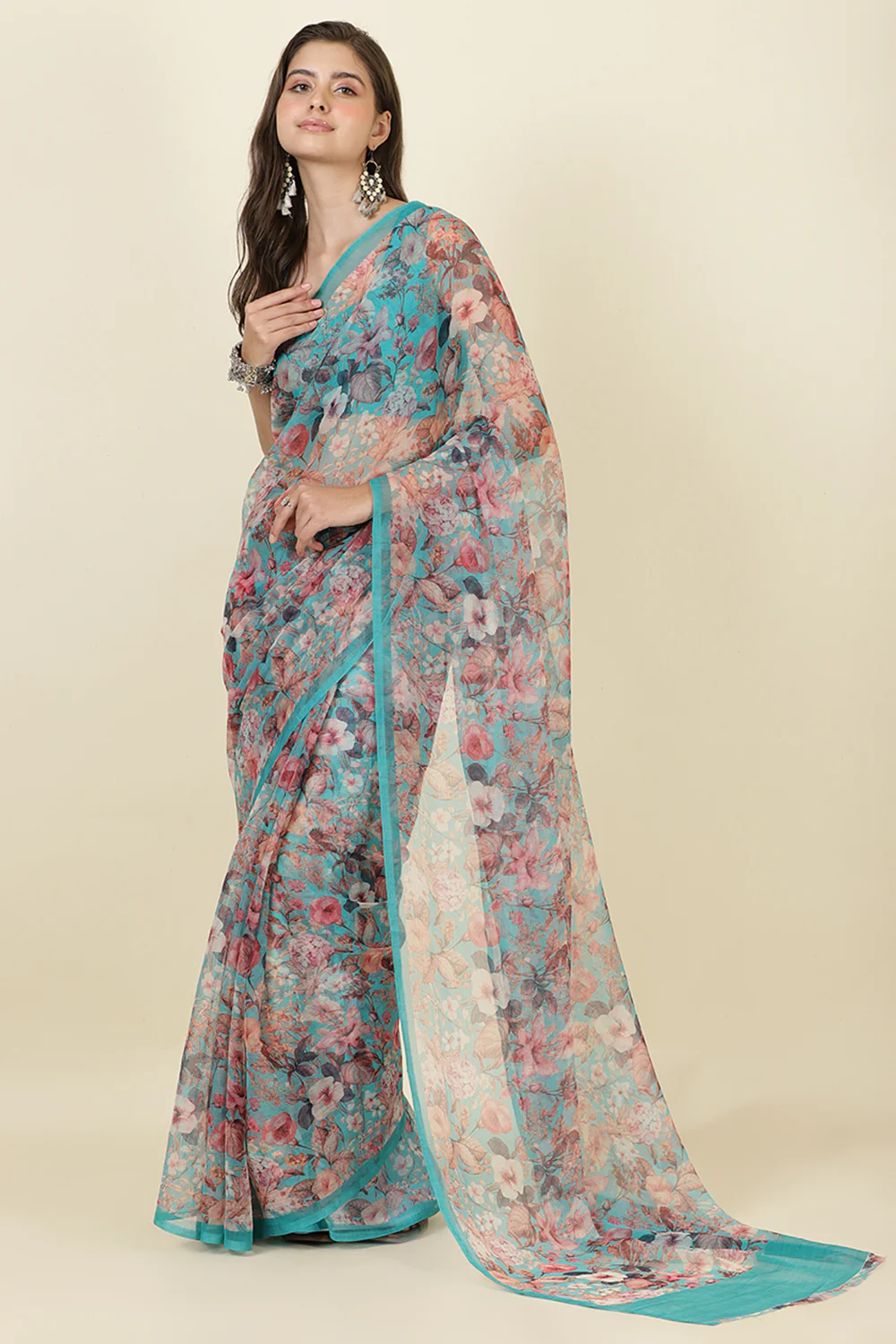 Turquoise Floral Printed Chiffon Saree - Image 2