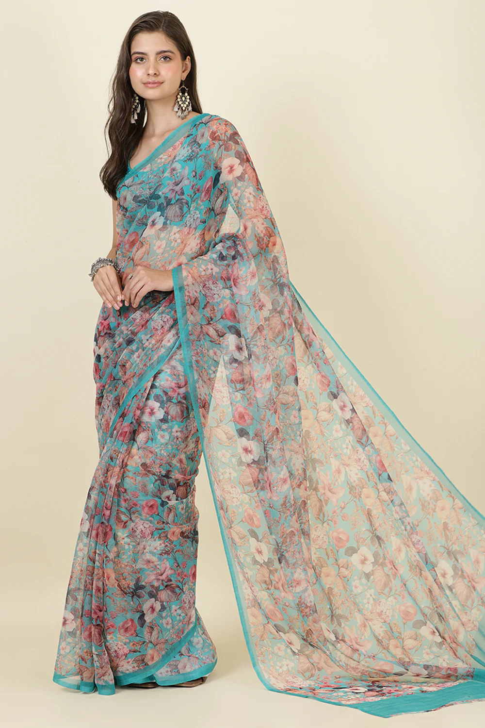 Turquoise Floral Printed Chiffon Saree - Image 6