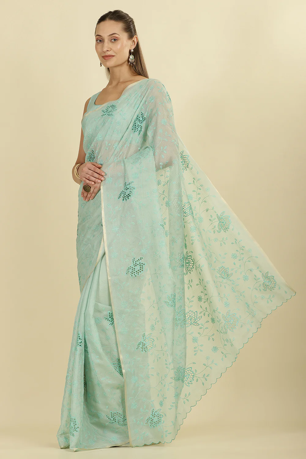 Turquoise Floral Resham Embroidered Cotton Saree - Image 2