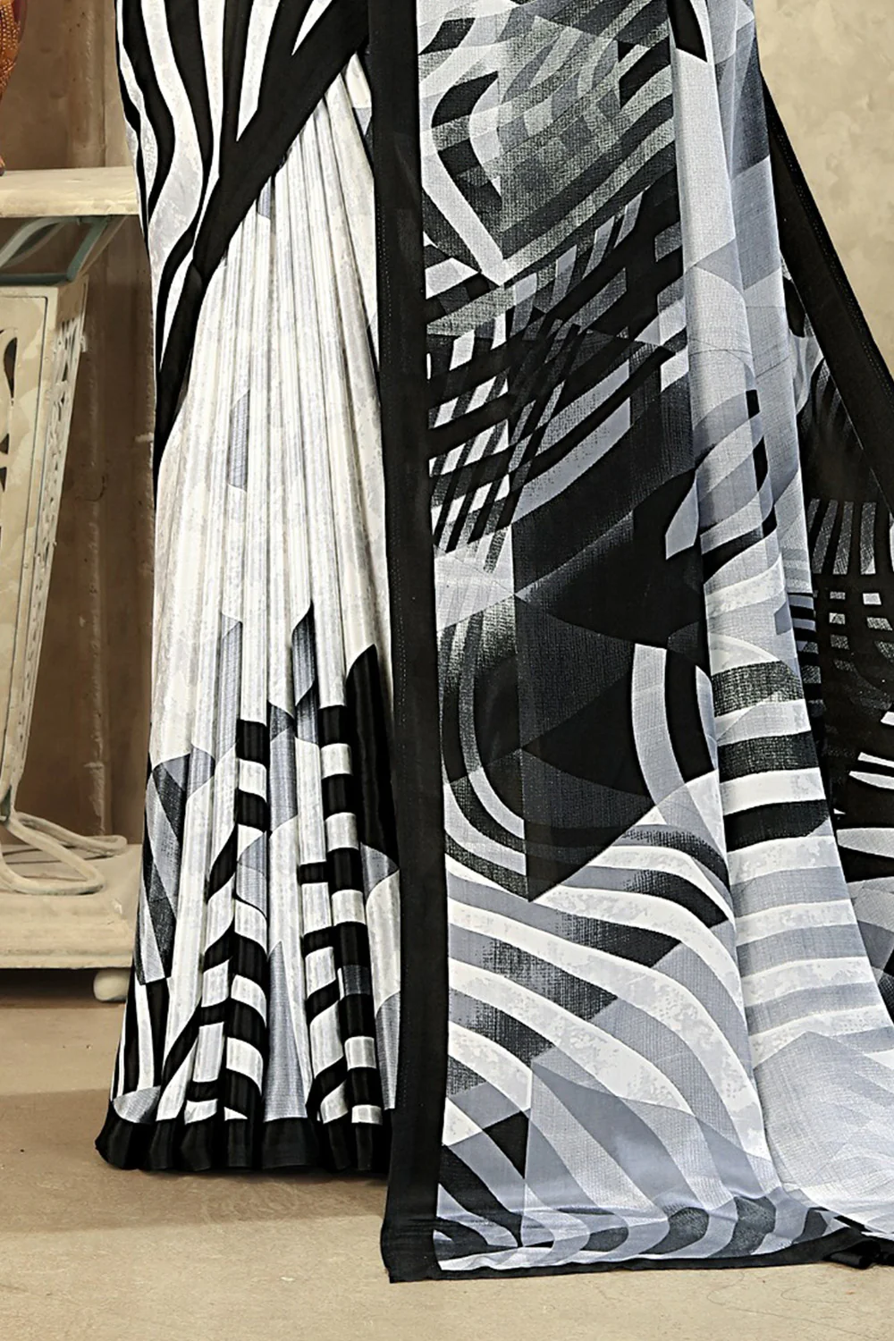 White & Black Stripe printed Crepe Silk Saree - Image 3