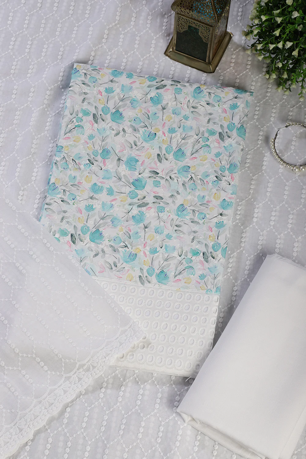 White & Blue Cotton Floral Printed and Resham Embroidered Unstitched Suit Material