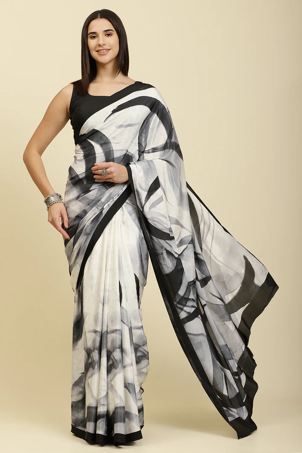 White Printed Crepe Silk Saree