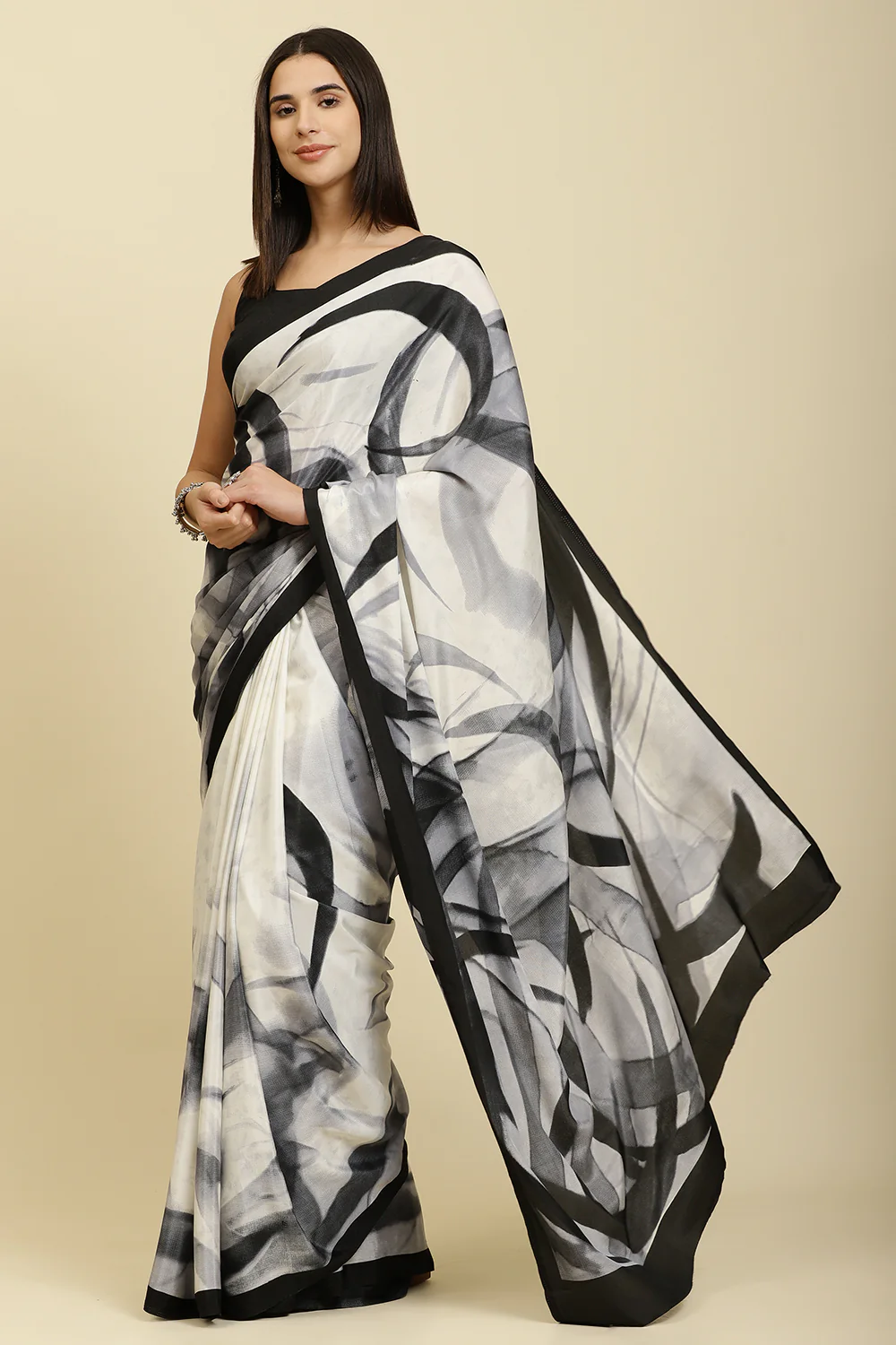 White Printed Crepe Silk Saree - Image 2