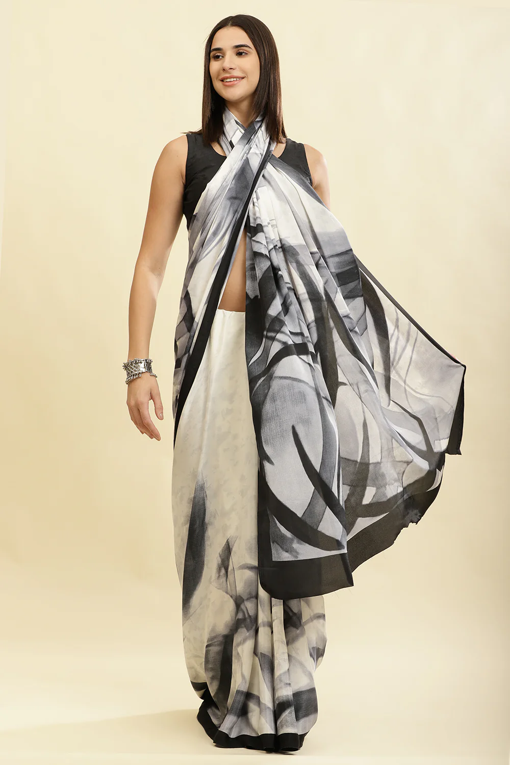 White Printed Crepe Silk Saree - Image 3