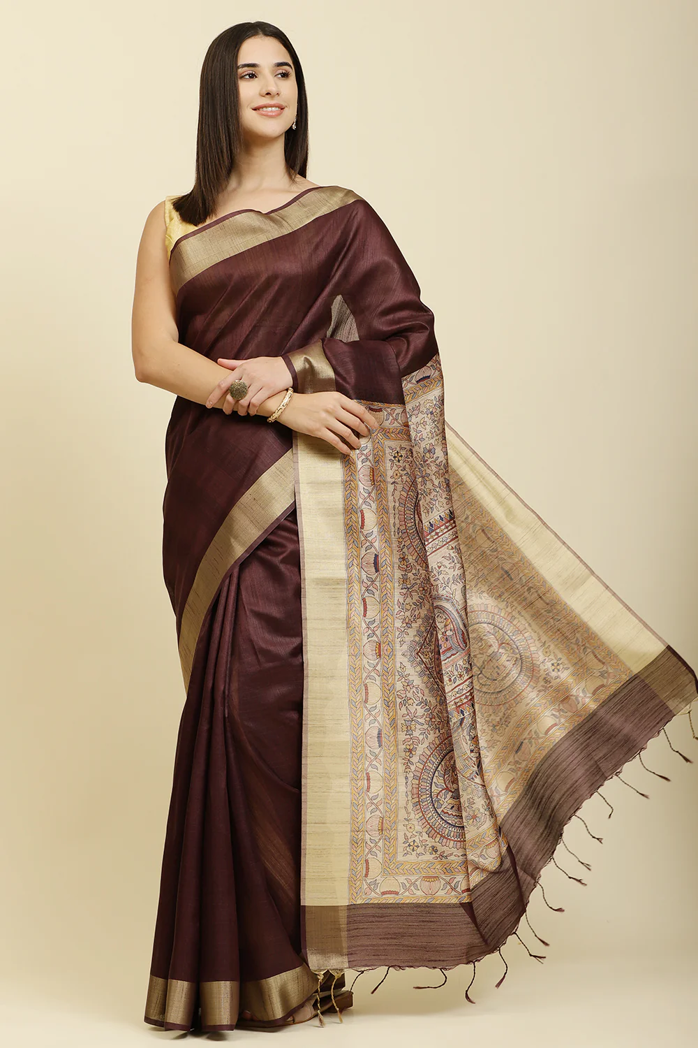 Wine Color Cotton Silk Madhubani Print Saree - Image 2