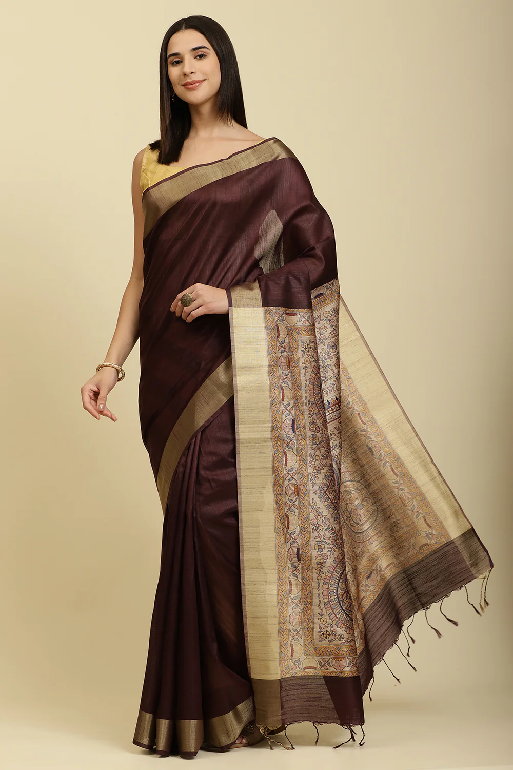 Wine Color Cotton Silk Madhubani Print Saree - Image 3