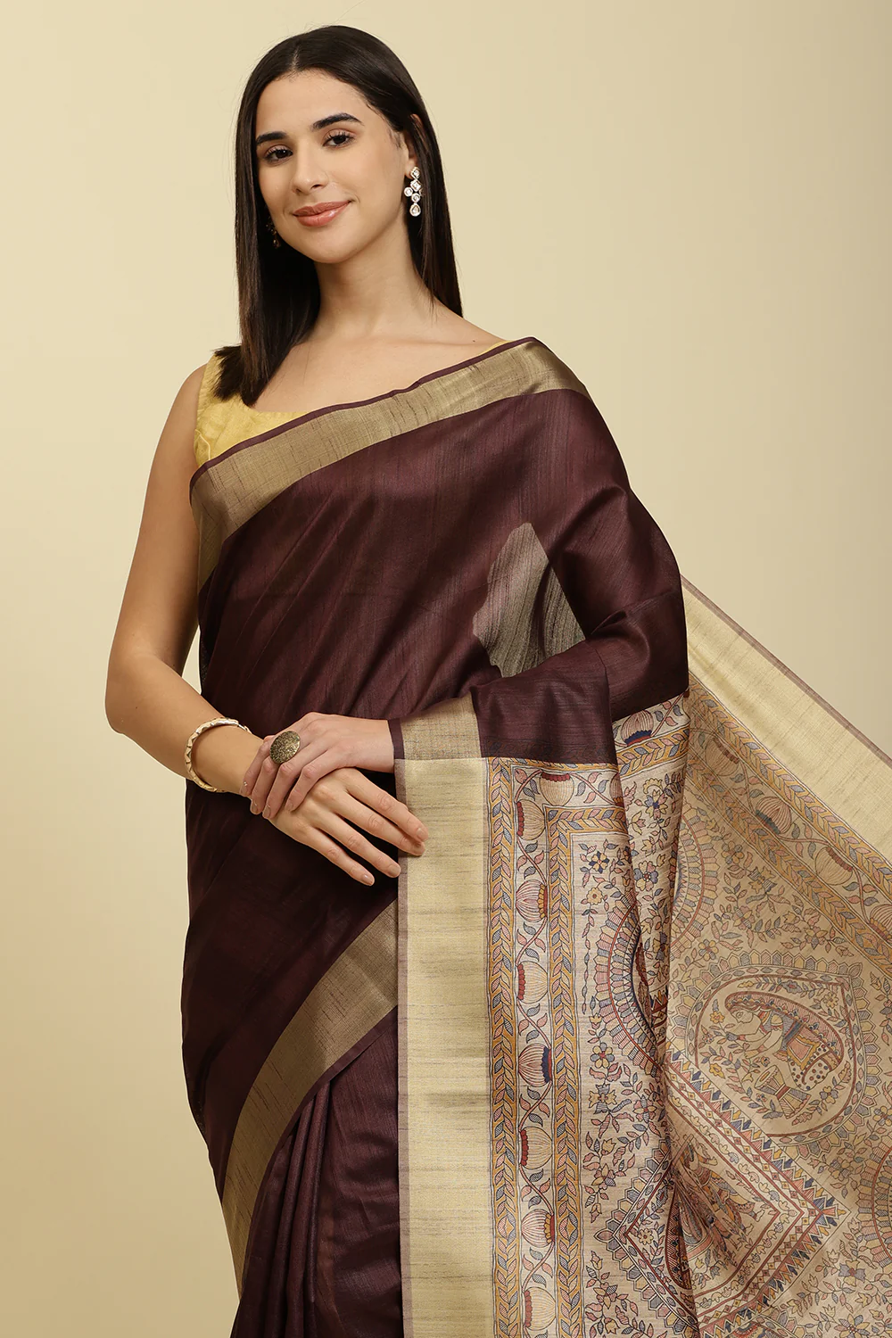 Wine Color Cotton Silk Madhubani Print Saree - Image 5