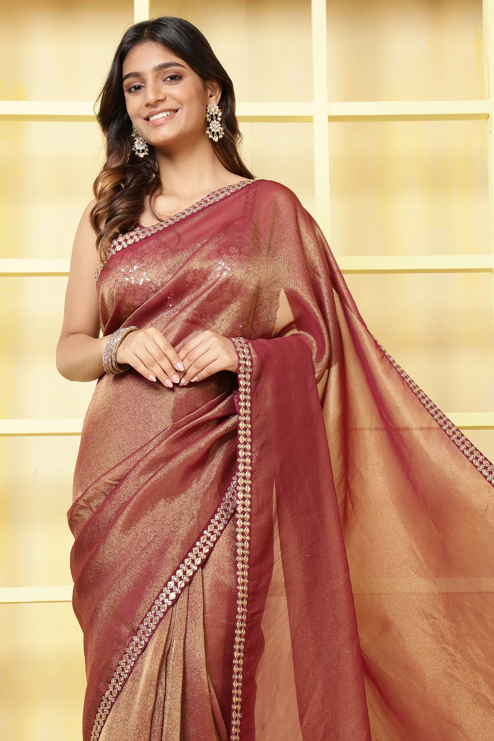 Wine Color Metallic Tissue Sequins & Zari Embroidered Saree with Readymade Blouse - Image 6