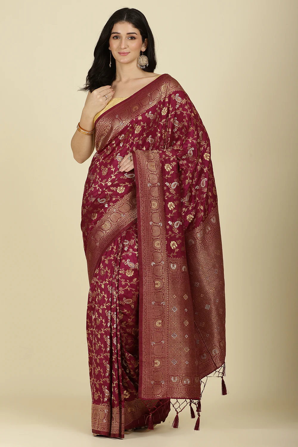 Wine Color Zari Woven South Silk Saree - Image 2
