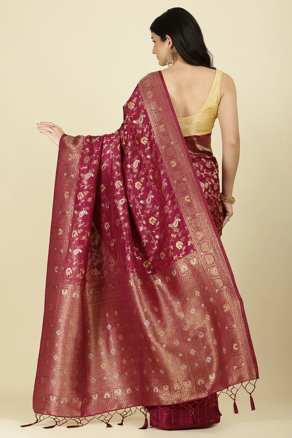 Wine Color Zari Woven South Silk Saree - Image 6